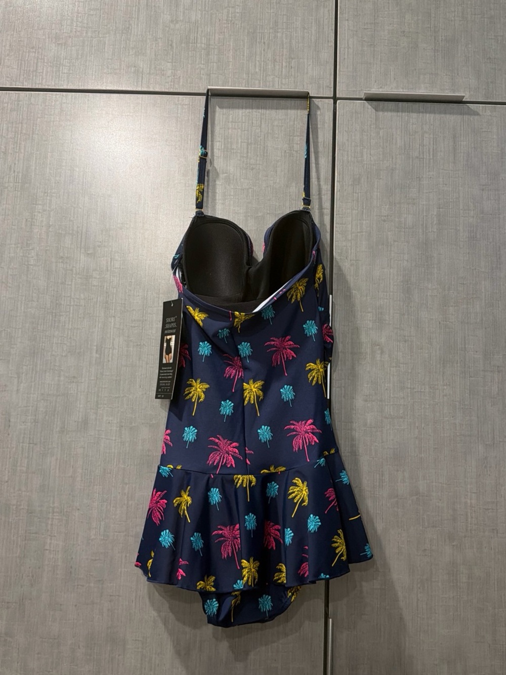 Navy Palm-Print One-Piece Swim Dress with Built-In Cups